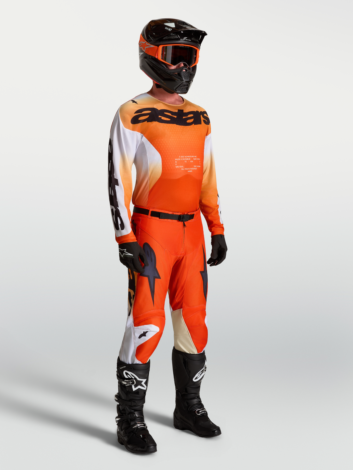 Alpinestars Racer Amber gear-sæt, motocrosstrøje og -bukser til herrer, orange og hvid, performance race-pasform.