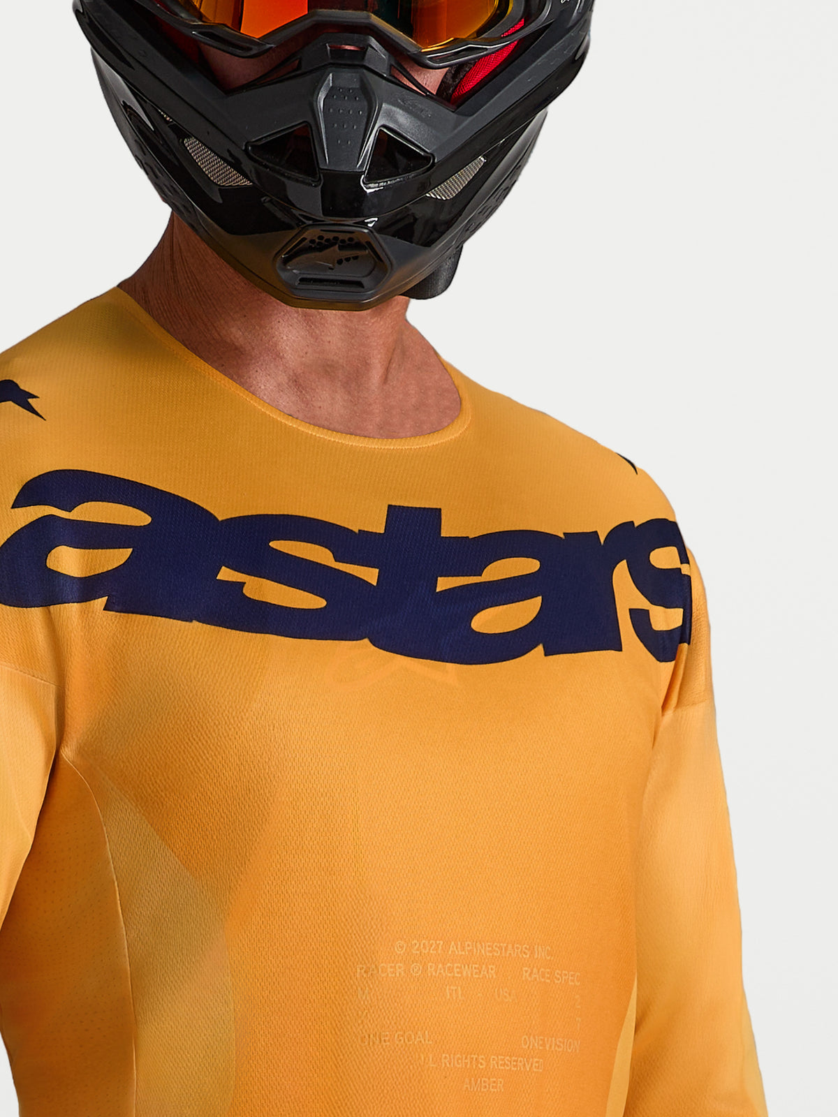 Alpinestars Racer Amber trøje, orange og mørkeblå motocrosstrøje med fugttransporterende poly-stof og brystlogo, tæt pasform til off-road kørsel