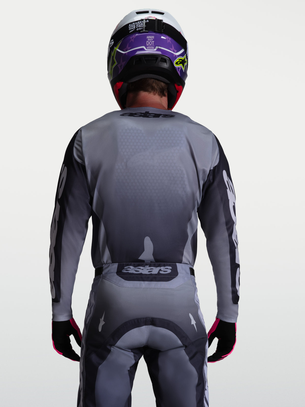 Alpinestars Racer Amber Jersey, gray and light lilac performance motocross jersey for off-road riding, rear view.