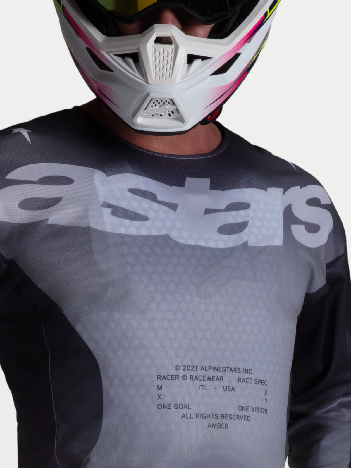 Alpinestars Racer Amber Jersey, Men's Motocross Jersey, Gray and Black, breathable polyfabric with stretch mesh panels.