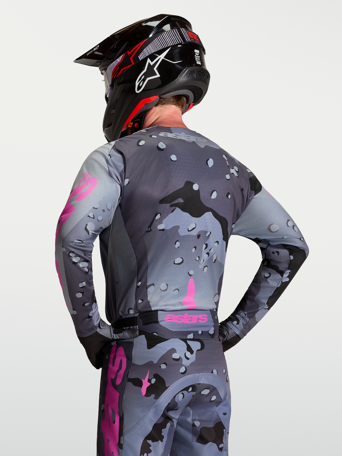 Alpinestars Racer Lone Jersey, Gray Camo and Purple Motocross Jersey, On-Model Back View, Moisture-Wicking Polyfabric.