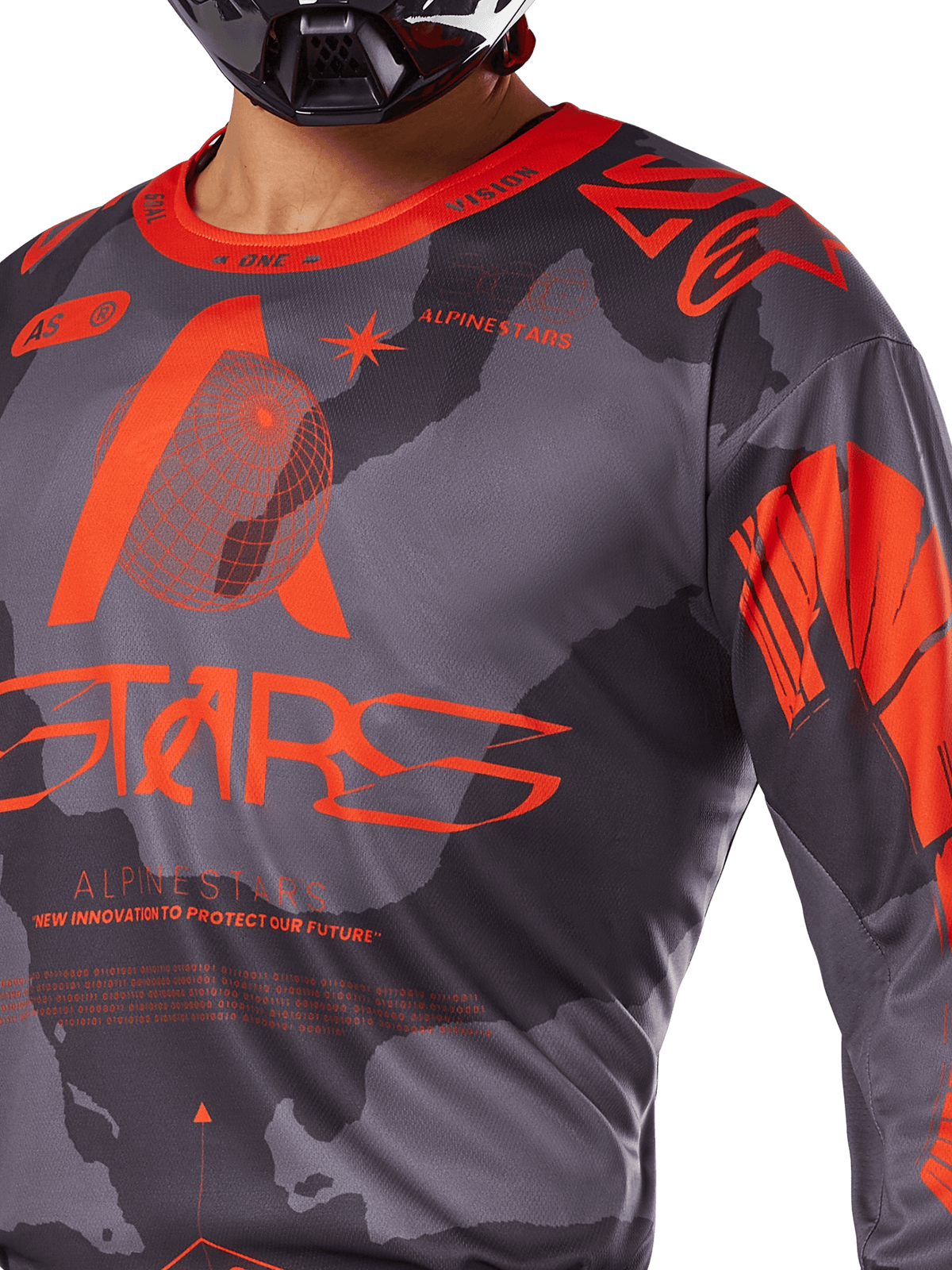 Alpinestars 2025 Racer Hollow trøje, motocross-trøje, grå camo og neon orange, med stor orange Alpinestars-branding og teknisk grafik, rund hals, designet til højpræstations terrænkørsel