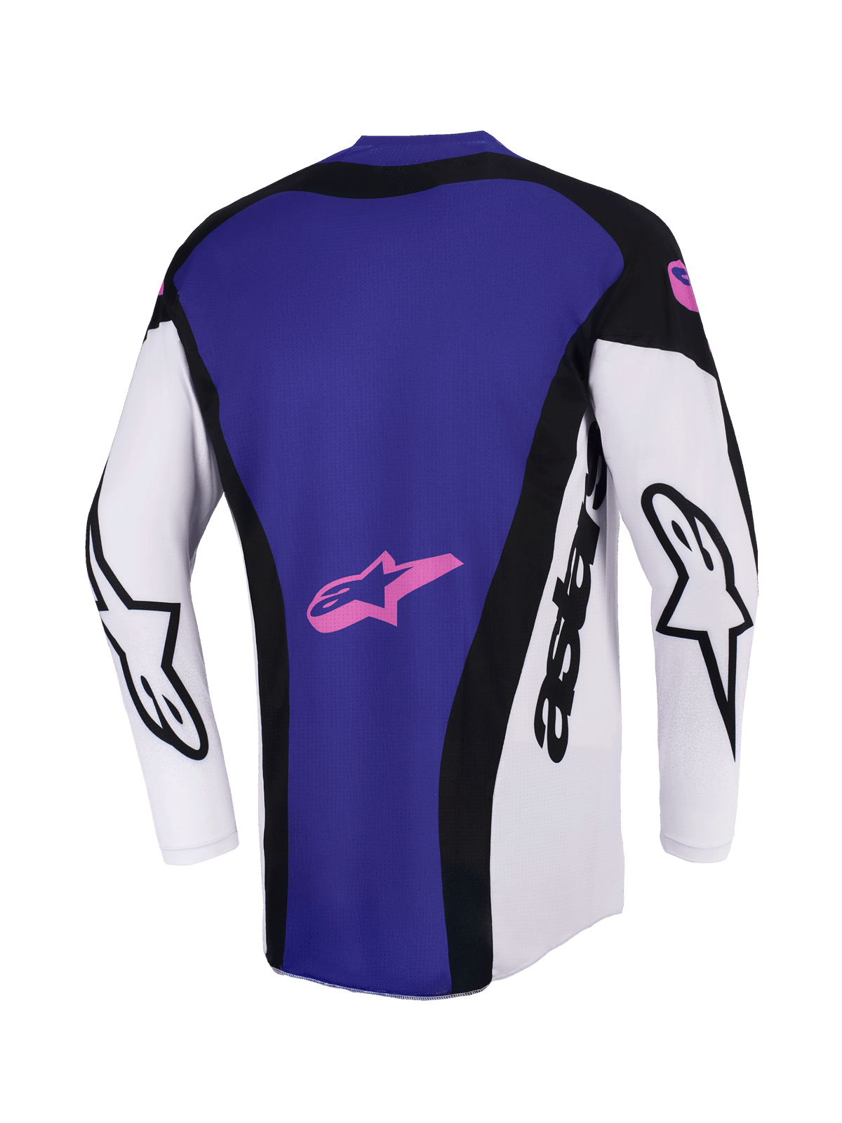 Alpinestars 2026 Techstar Knif trøje, motocross-trøje, sort, lysegrå og lilla, set bagfra med et stort lilla rygpanel og lyserødt stjernelogo, hvide ærmer med sort Alpinestars-branding, atletisk race-pasform