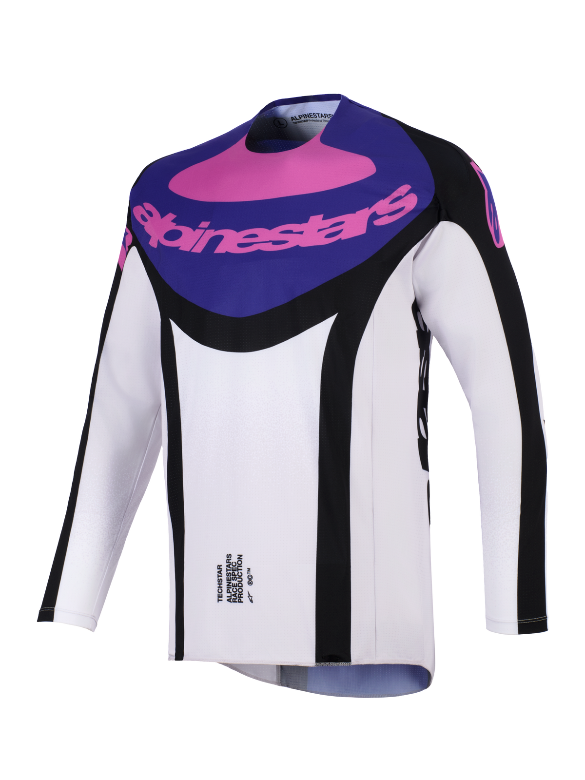 Alpinestars 2026 Techstar Knif trøje, motocross-trøje, sort, lysegrå og lilla, lilla brystpanel med lyserød Alpinestars-branding, sorte sideaccenter, let svedtransporterende materiale til off-road ydeevne