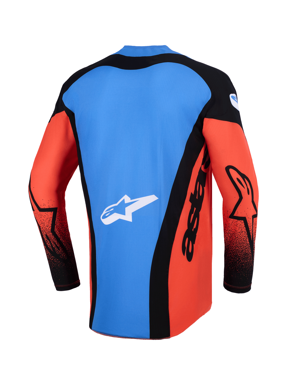 Alpinestars 2026 Techstar Knif trøje, motocross-trøje, set bagfra i orange, sort og UCLA blå, med et blåt rygpanel med hvidt stjernelogo, sorte sidepaneler med 'astars'-branding og orange ærmer med sorte detaljer, letvægts performance-udstyr til off-road racing