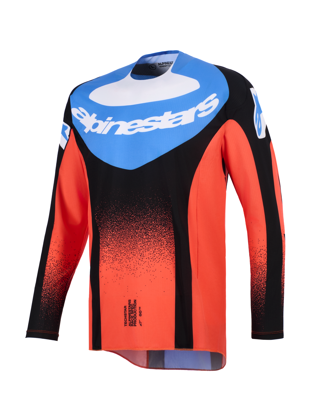 Alpinestars 2026 Techstar Knif Jersey, motocross-trøje, orange, sort og UCLA-blå, set forfra med et blåt brystpanel med hvidt Alpinestars-logo og en sort prikket gradient på de orange ærmer og krop, performance off-road racingudstyr
