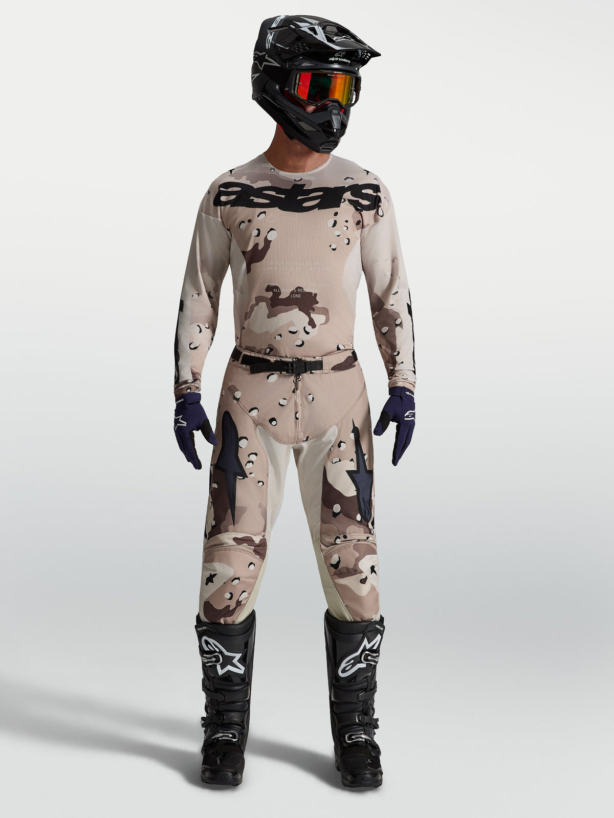 Alpinestars 2027 Racer Lone Jersey and Gear Set, Desert Camo and Black Motocross outfit with pre-curved performance fit.