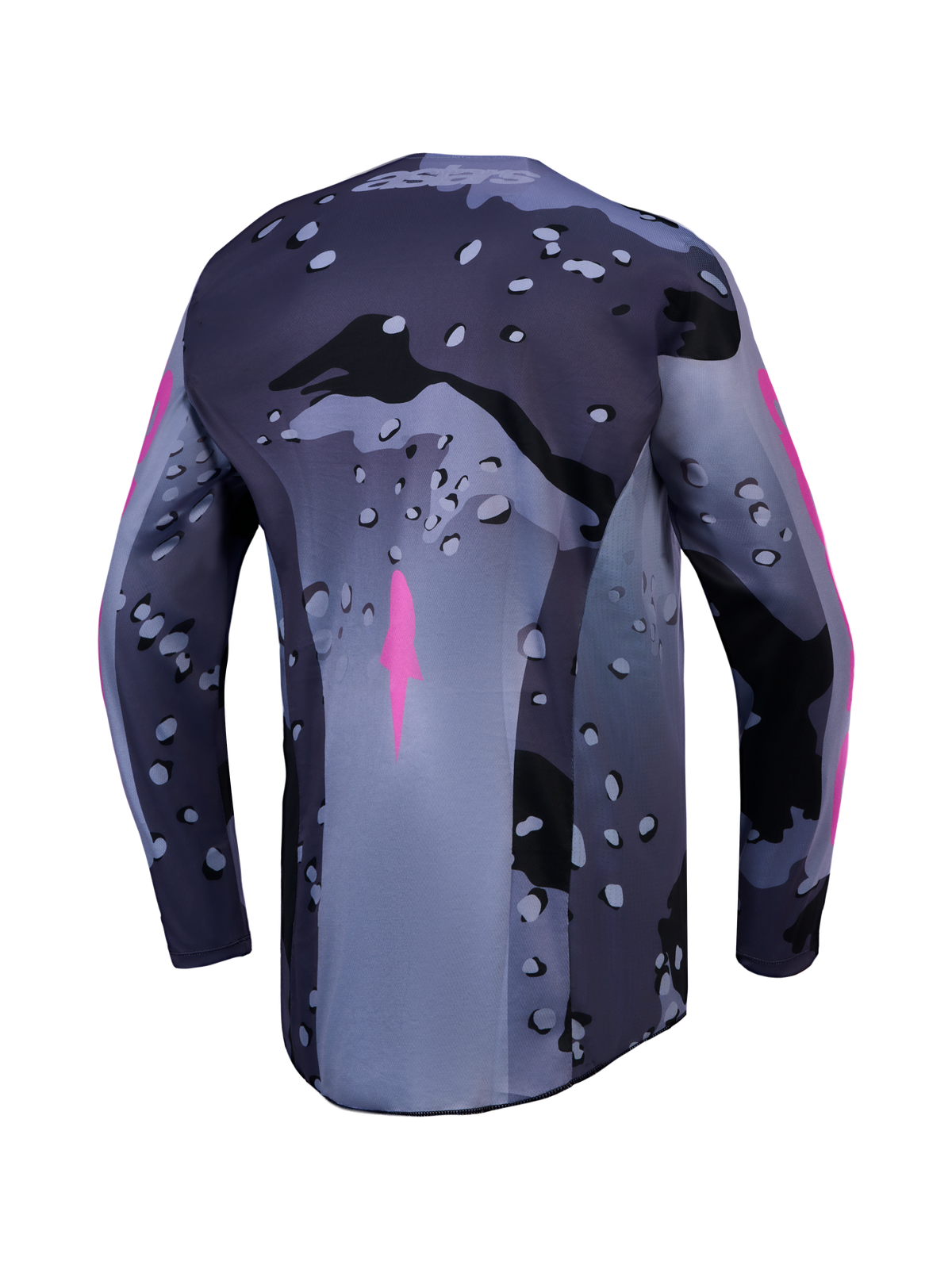 Alpinestars Racer Lone trøje, herre-motocrosstrøje i grå camouflage og lilla, fugttransporterende poly-stof, set bagfra.