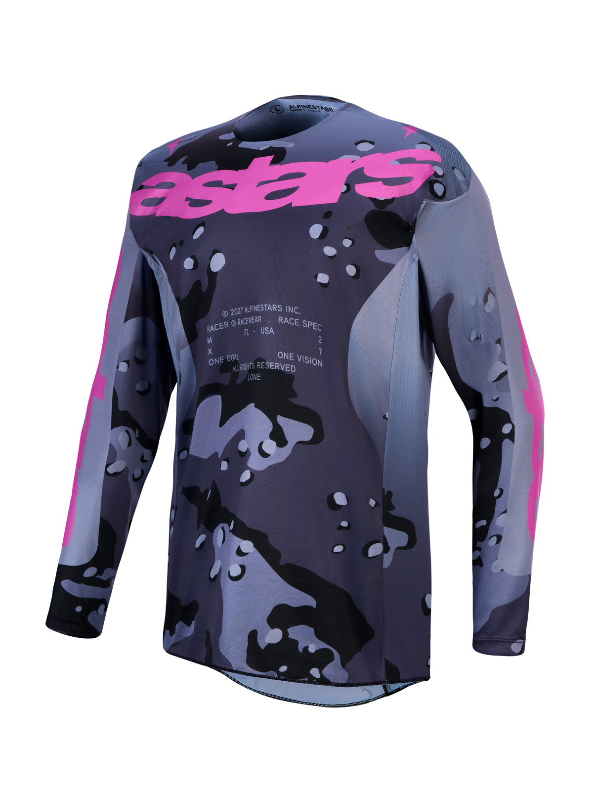 Alpinestars Racer Lone trøje, herre-motocrosstrøje i grå camo og lilla, fugttransporterende poly-stof