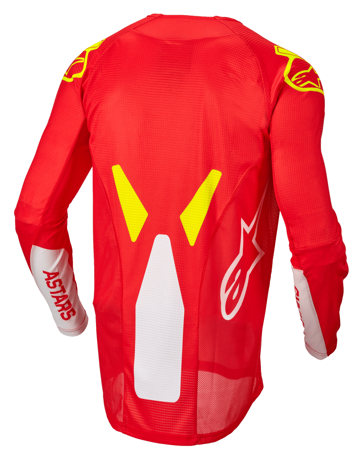 Alpinestars Techstar Factory trøje, motocross trøje, rød fluo, hvid og gul fluo, set bagfra med mesh-ventilationspaneler og forlænget rygprofil, hvidt ASTARS-branding på ærmerne og gule fluo grafiske detaljer på skuldrene.