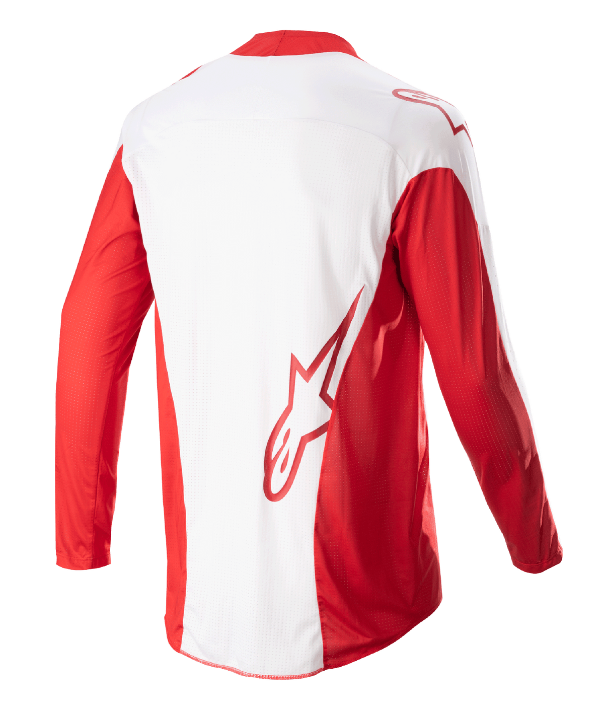 Alpinestars 2023 Techstar Arch-trøje, motocross-trøje, Mars Red og hvid, set bagfra med hvidt midterpanel og røde lange ærmer, rødt Astars-logo nederst på ryggen, mesh-ventilationspaneler og forlænget rygstykke til terrænkørsel