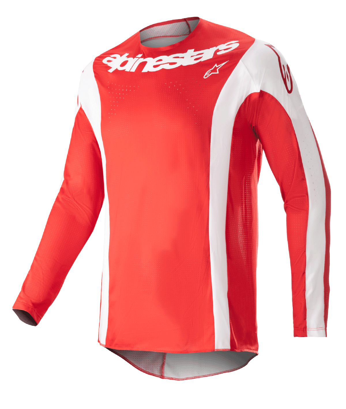 Alpinestars 2023 Techstar Arch trøje, motocross jersey, Mars rød og hvid, hvidt Alpinestars-logo på brystet, perforeret atletisk stof, lange ærmer med hvide detaljer, sporty design til off-road racing