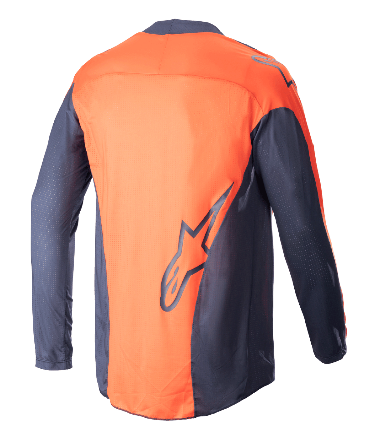 Alpinestars 2023 Techstar Arch Jersey, motocross-trøje, Night Navy og Hot Orange, set bagfra, letvægts mesh-konstruktion, med stort navy Alpinestars-logo på den nederste del af ryggen, forlænget bagstykke for optimal dækning under kørsel