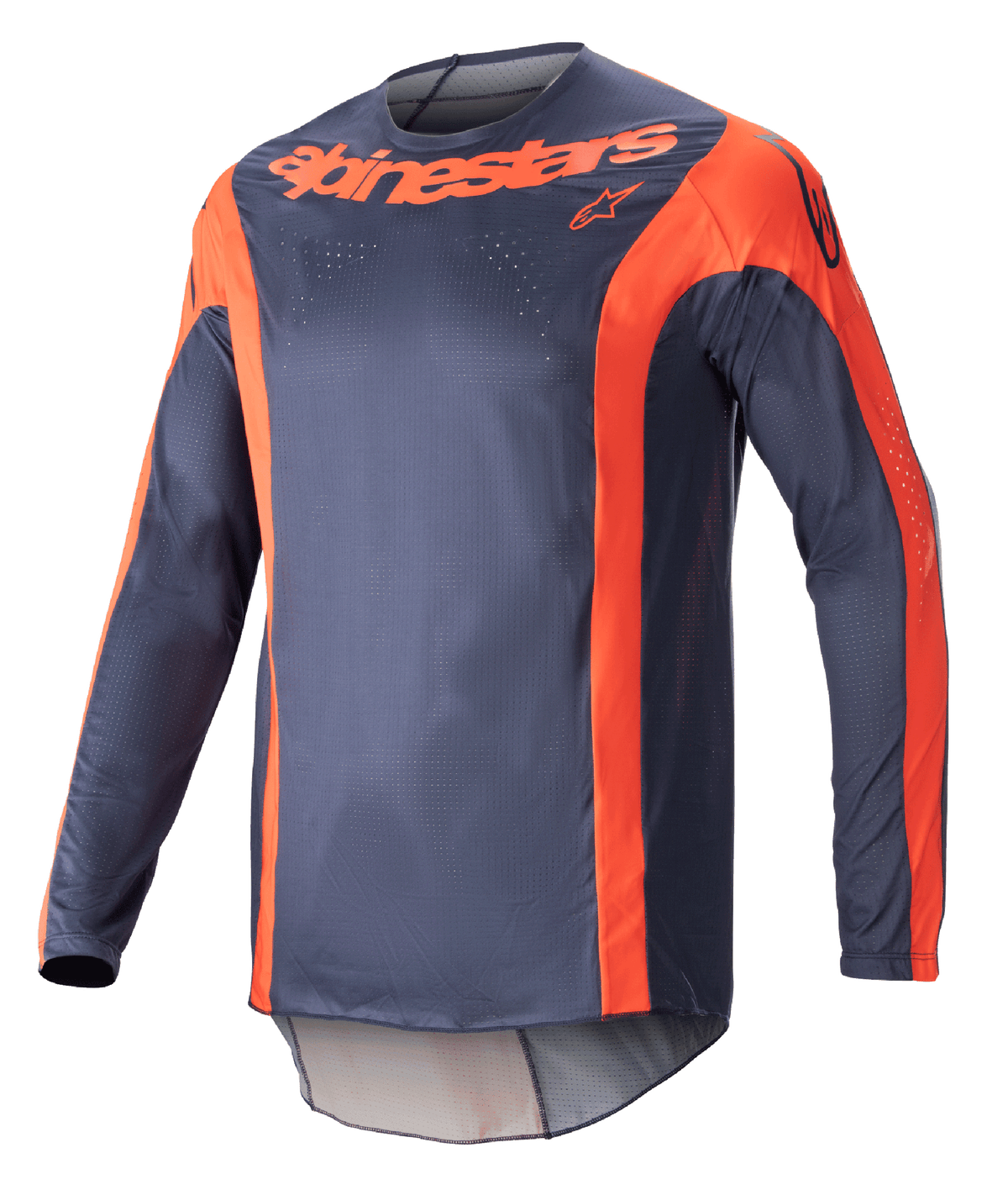 Alpinestars 2023 Techstar Arch trøje, langærmet motocross-jersey, mørkeblå og klar orange, med vertikale orange detaljer og logo på brystet, letvægts mesh-materiale til off-road ydeevne
