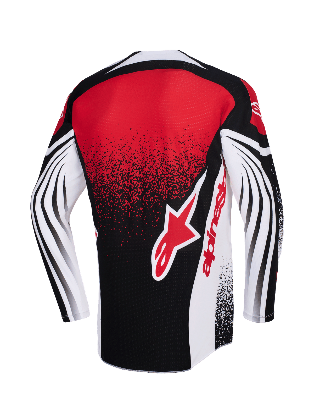 Alpinestars 2026 Techstar Nomur trøje, motocrosstrøje, sort, hvid og rød, set bagfra med et stort rødt Alpinestars-logo, nistret gradienteffekt og dynamiske buede mønstre på de lange ærmer, performance-racerudstyr