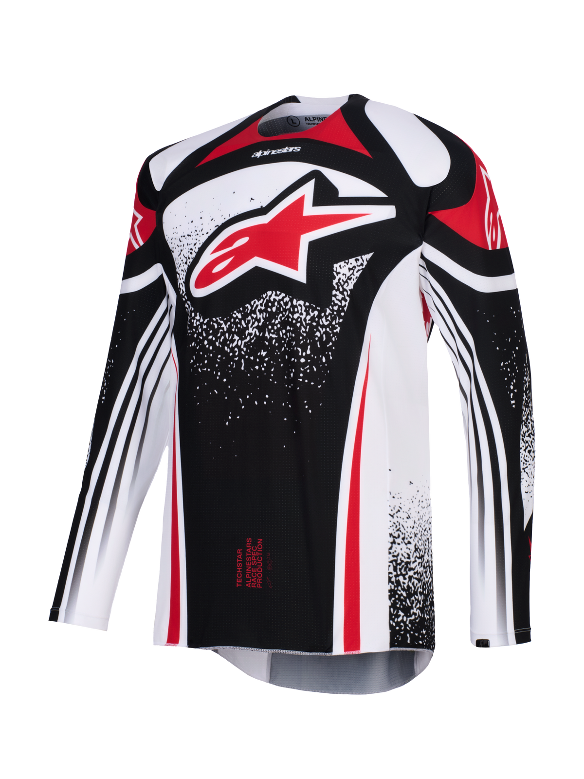 Alpinestars 2026 Techstar Nomur Jersey, motocross-trøje, sort, hvid og rød, med et stort rødt Astars-logo på brystet, prikkede grafiske mønstre, lange ærmer og atletisk race fit til højtydende off-road-konkurrence