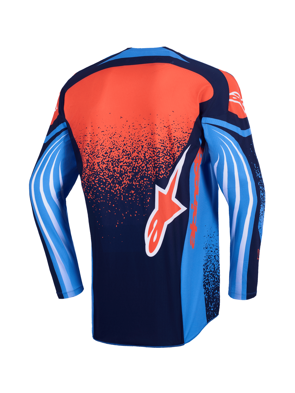 Alpinestars 2026 Techstar Nomur trøje, motocross-trøje, set bagfra, mørkeblå, orange og UCLA-blå, med en spættet orange graduering på ryggen, blå ærmer med hvid bølgelignende grafik og et orange Alpinestars-logo på den nederste del af ryggen.