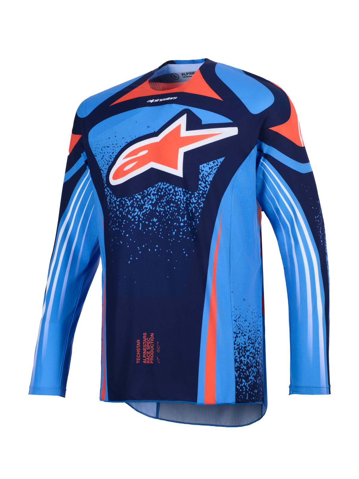 Alpinestars 2026 Techstar Nomur trøje, motocross-trøje, mørkeblå og UCLA-blå med orange accenter, med et stort hvidt Astars-logo på brystet og hvide diagonale striber på de lange ærmer, letvægts atletisk race-pasform til off-road ydeevne