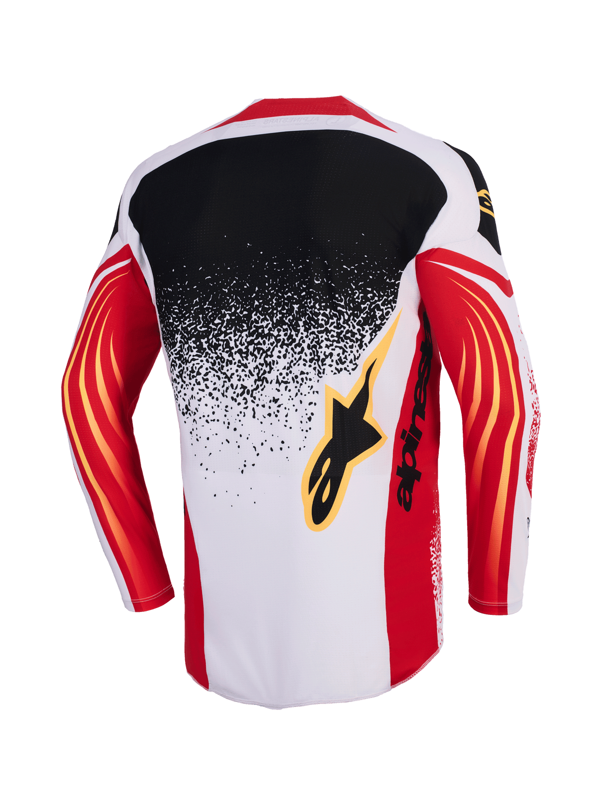 Alpinestars 2026 Techstar Nomur trøje, motocross-trøje, lysegrå, rød og sort, set bagfra med et sort til lysegrå gradient splatter-design, røde ærmer med gule buede detaljer og sort Alpinestars-logo på ryggen.