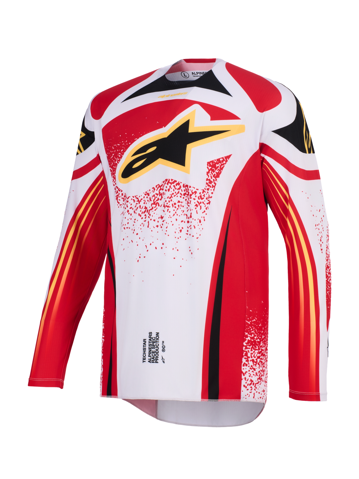 Alpinestars 2026 Techstar Nomur Jersey, motocross-trøje, hvid, rød og sort, med et stort sort Astar-logo med gul kant på brystet, atletisk race-pasform med lange ærmer og performance-grafik til off-road racing.