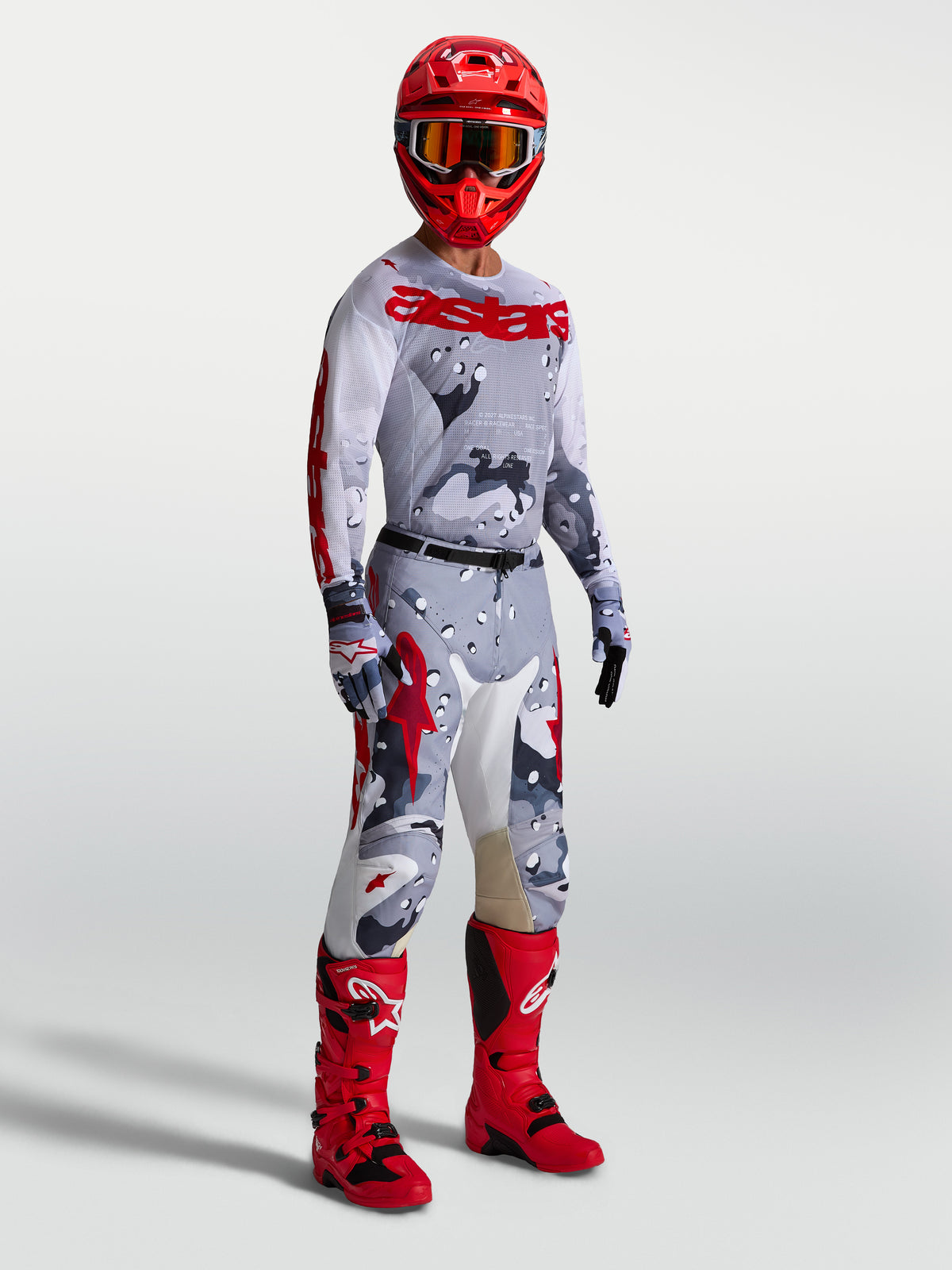 Alpinestars Racer Air Lone trøje, motocrosstrøje til herrer, grå camo og rød, åndbar mesh-konstruktion til off-road