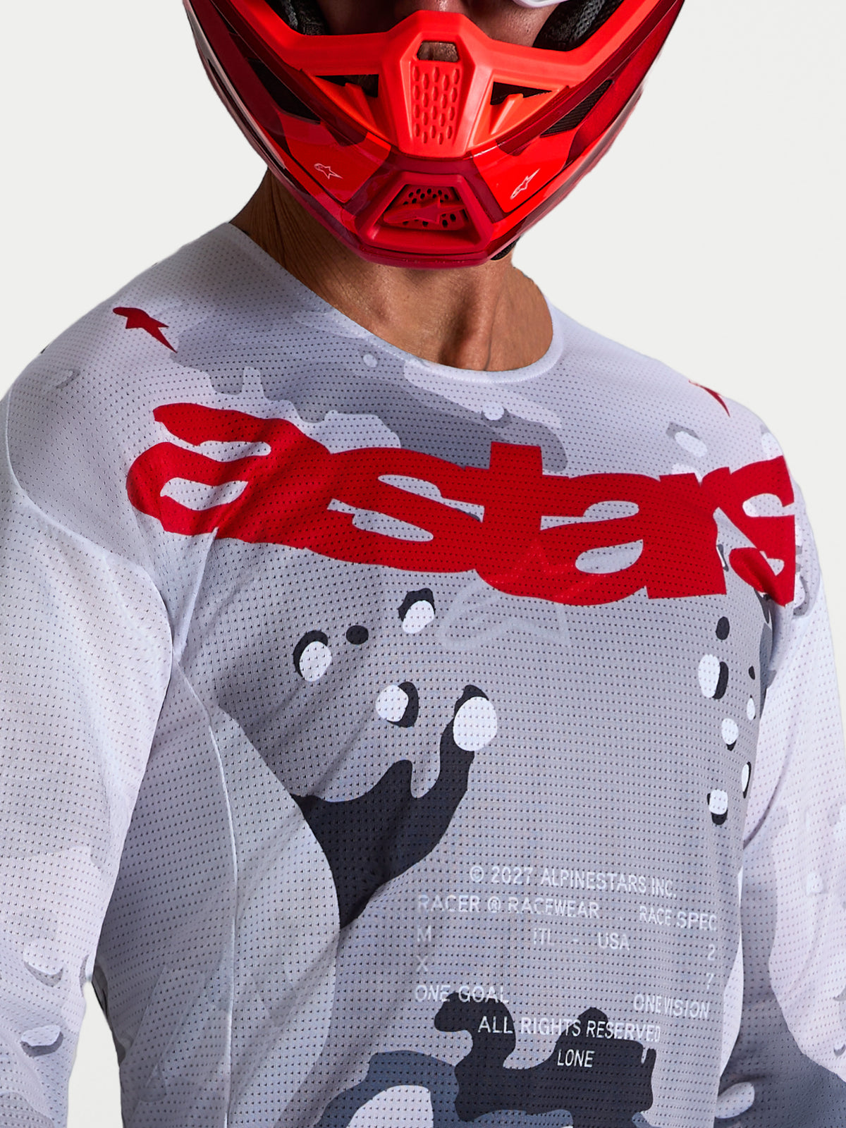 Alpinestars Racer Air Lone trøje, herre-motocrosstrøje i grå og rød, ventileret mesh-konstruktion til off-road kørsel.