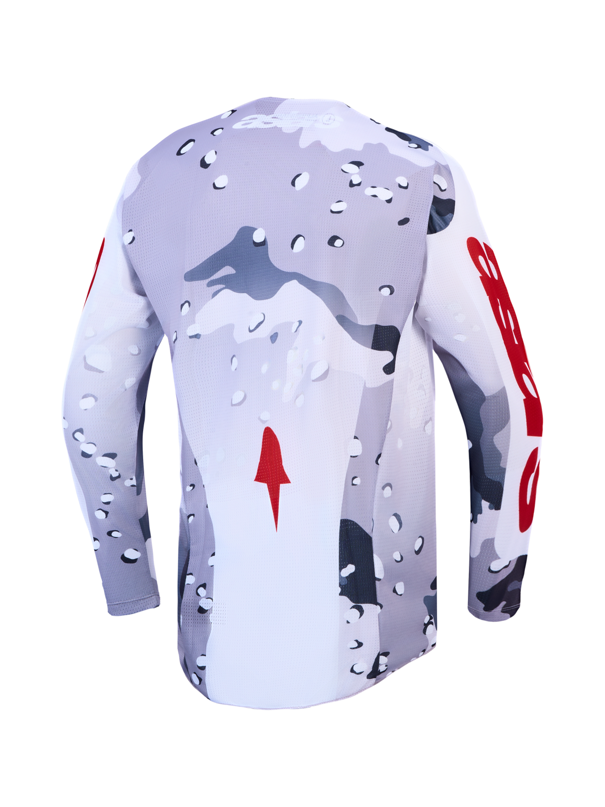 Alpinestars 2027 Racer Air Lone trøje, motocrosstrøje set bagfra, grå og hvid camouflage, røde detaljer, ventileret mesh