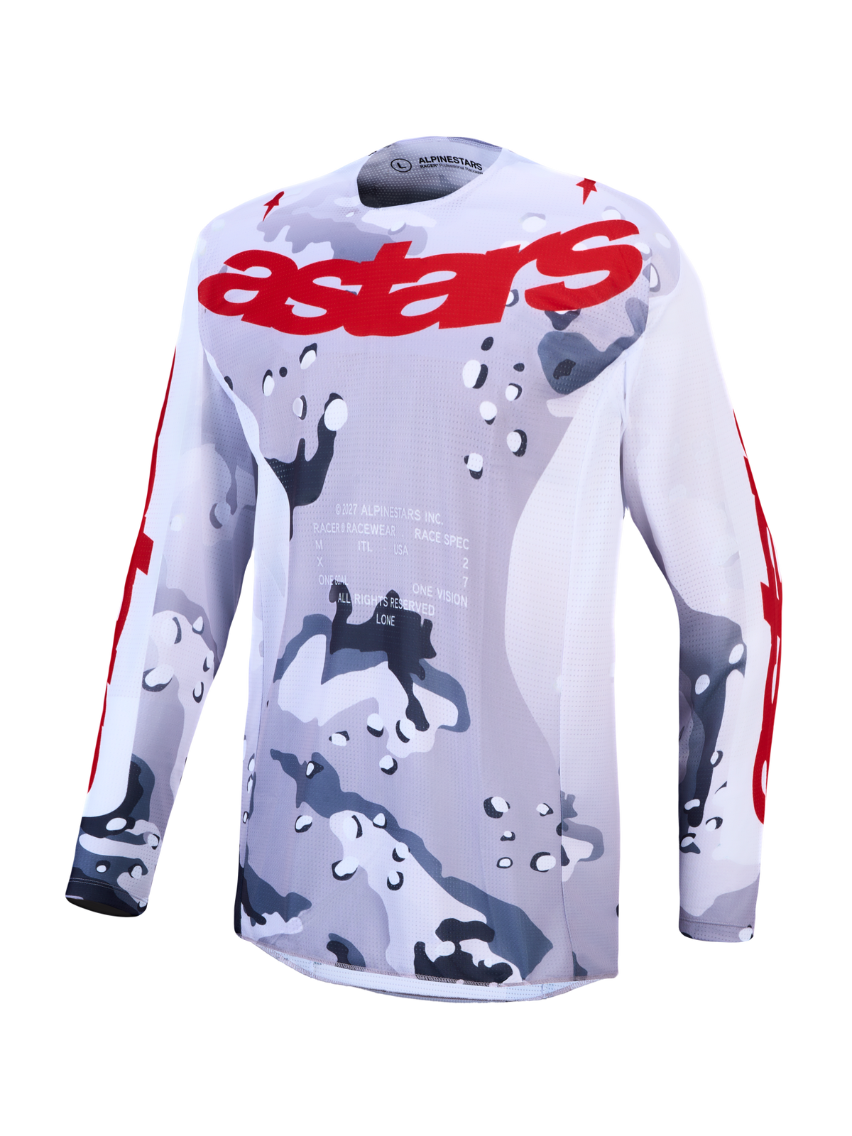 Alpinestars 2027 Racer Air Lone trøje, grå camo og rød design med ventileret mesh til motocross og off-road.
