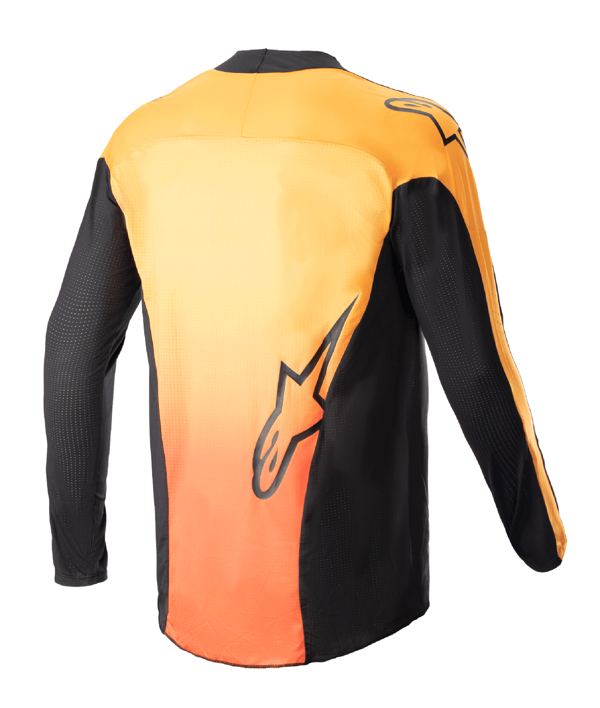Alpinestars 2023 Techstar Sein Jersey, Motocross Jersey, Black and Hot Orange, rear view showing vibrant orange gradient back with black side panels and sleeves, featuring Alpinestars logo graphics on the lower back and shoulder