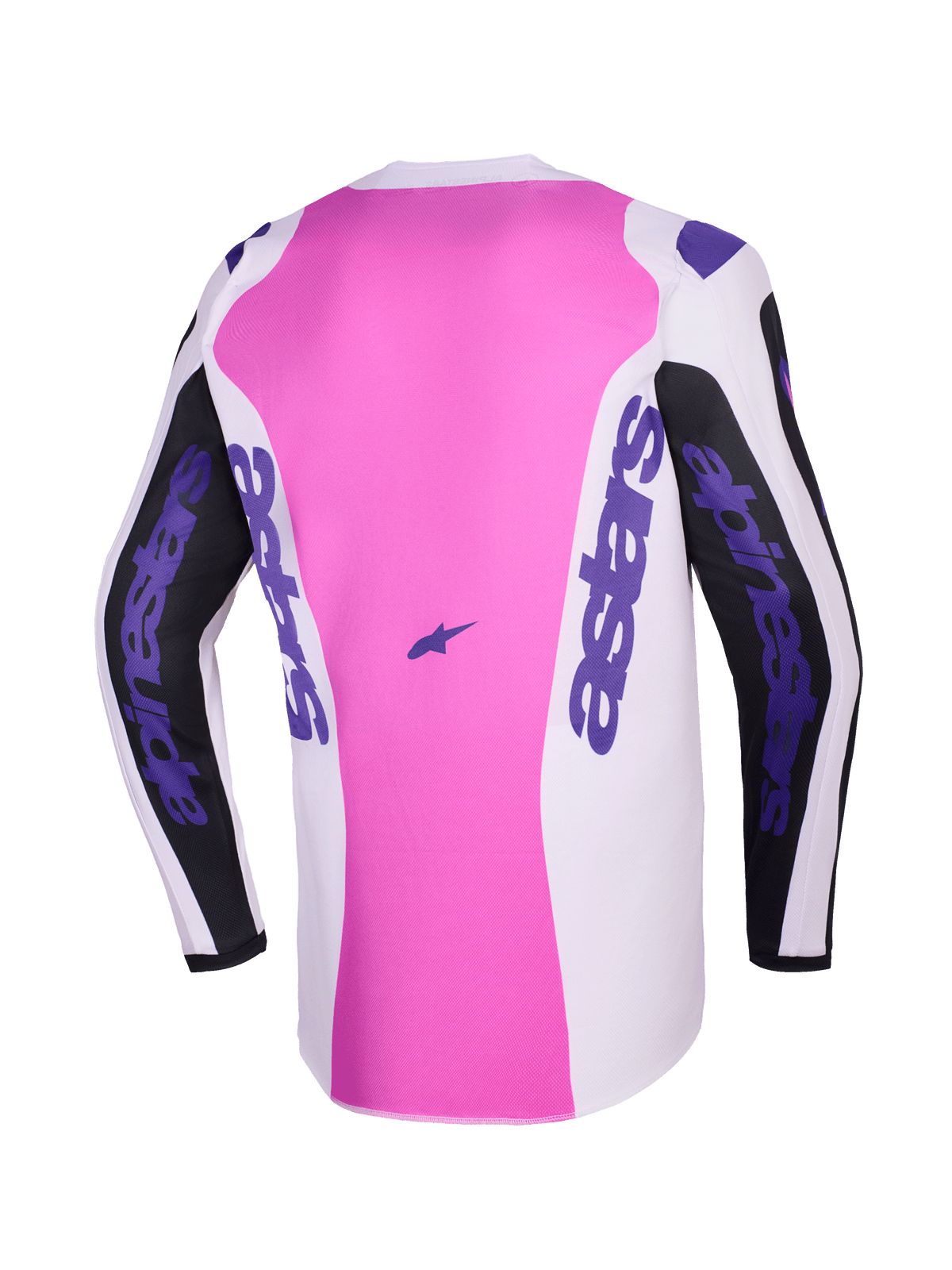 Alpinestars 2026 Fluid Grid Jersey, set bagfra, motocross-trøje, sort, lysegrå og lilla, lyserødt centerpanel med hvide og sorte sektioner, lilla Alpinestars-branding på ærmer og sider, fugttransporterende polytekstilkonstruktion