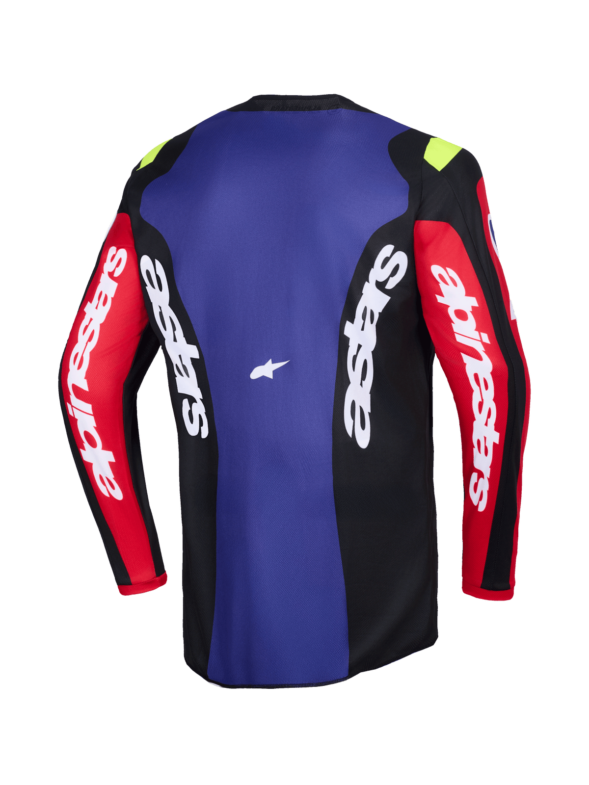 Alpinestars 2026 Fluid Grid-trøje, set bagfra, motocross-trøje i rød, sort og lilla, med hvidt Alpinestars-branding på ærmer og sidepaneler, små neongule detaljer på skuldrene, teknisk fugttransporterende off-road-beklædning