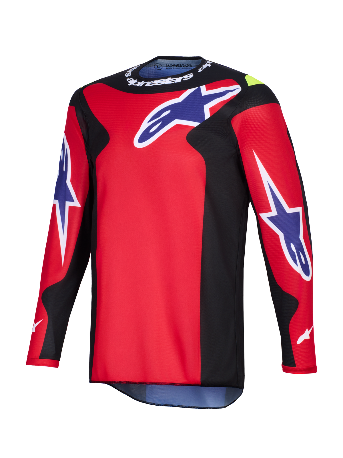 Alpinestars 2026 Fluid Grid trøje, motocross-trøje, rød, sort og lilla, med store lilla Astars-logoer på brystet og ærmerne, sorte sidepaneler og hvid Alpinestars-branding på kraven, performance polyfabric-konstruktion