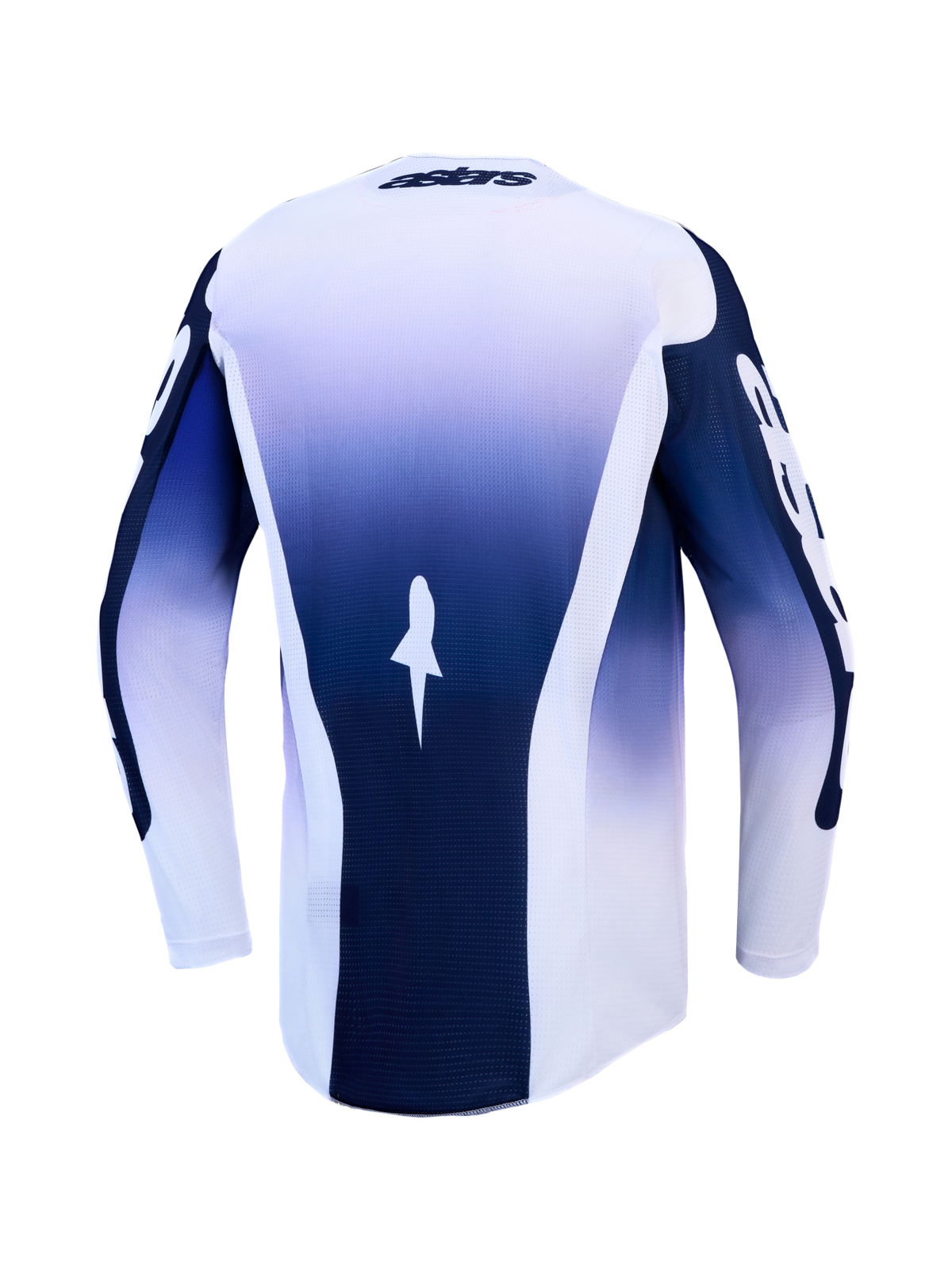 Alpinestars 2027 Racer Air Amber trøje, motocross-trøje i blå og hvid gradient, letvægts ventileret mesh-konstruktion, set bagfra.