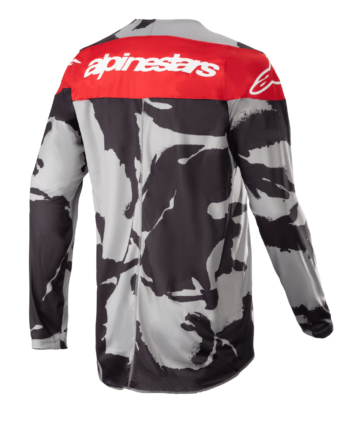 Alpinestars 2023 Racer Tactical trøje, motocross-trøje, Cast Gray Camo og Mars Red, set bagfra med et rødt øvre panel med hvidt Alpinestars-logo og et grå-sort camouflagemønster, letvægts performance-beklædning til off-road kørsel