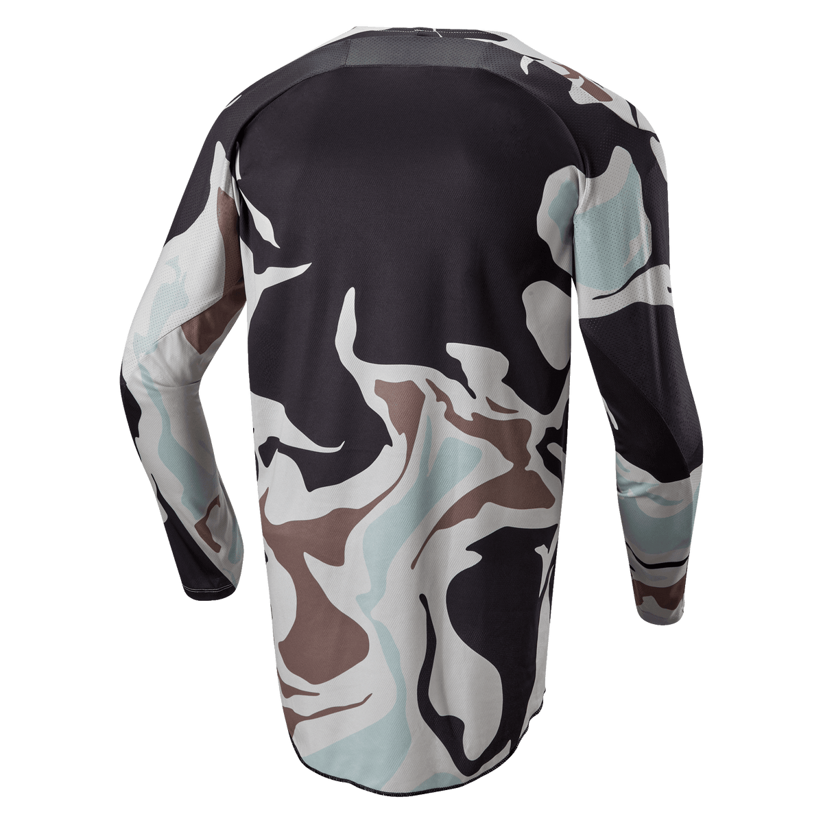 Alpinestars 2024 Racer Tactical Jersey, Iron Camo Dust Gray, back view of long-sleeve motocross jersey featuring a camouflage pattern in gray, black, light blue, and tan, with an extended rear hem for coverage.