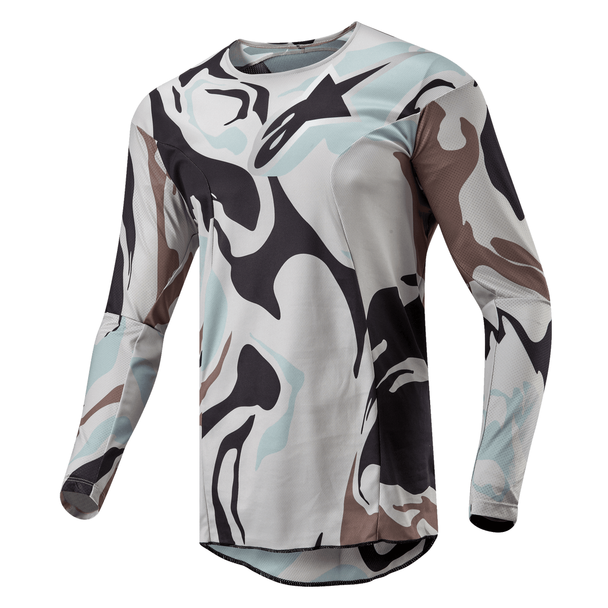Alpinestars 2024 Racer Tactical Jersey, Motocross Jersey, Iron Camo Dust Gray, featuring a bold camouflage pattern in light gray, dark gray, and pale blue tones, lightweight poly-fabric construction with breathable mesh inserts, ergonomic sport fit.