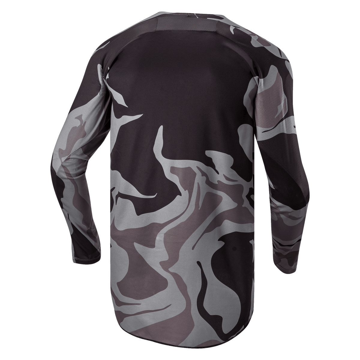 Alpinestars 2024 Racer Tactical trøje, motocross trøje, Cast Gray Camo Magnet, set bagfra med gråt og sort camouflage-mønster, åndbart materiale og et forlænget bagstykke for øget dækning