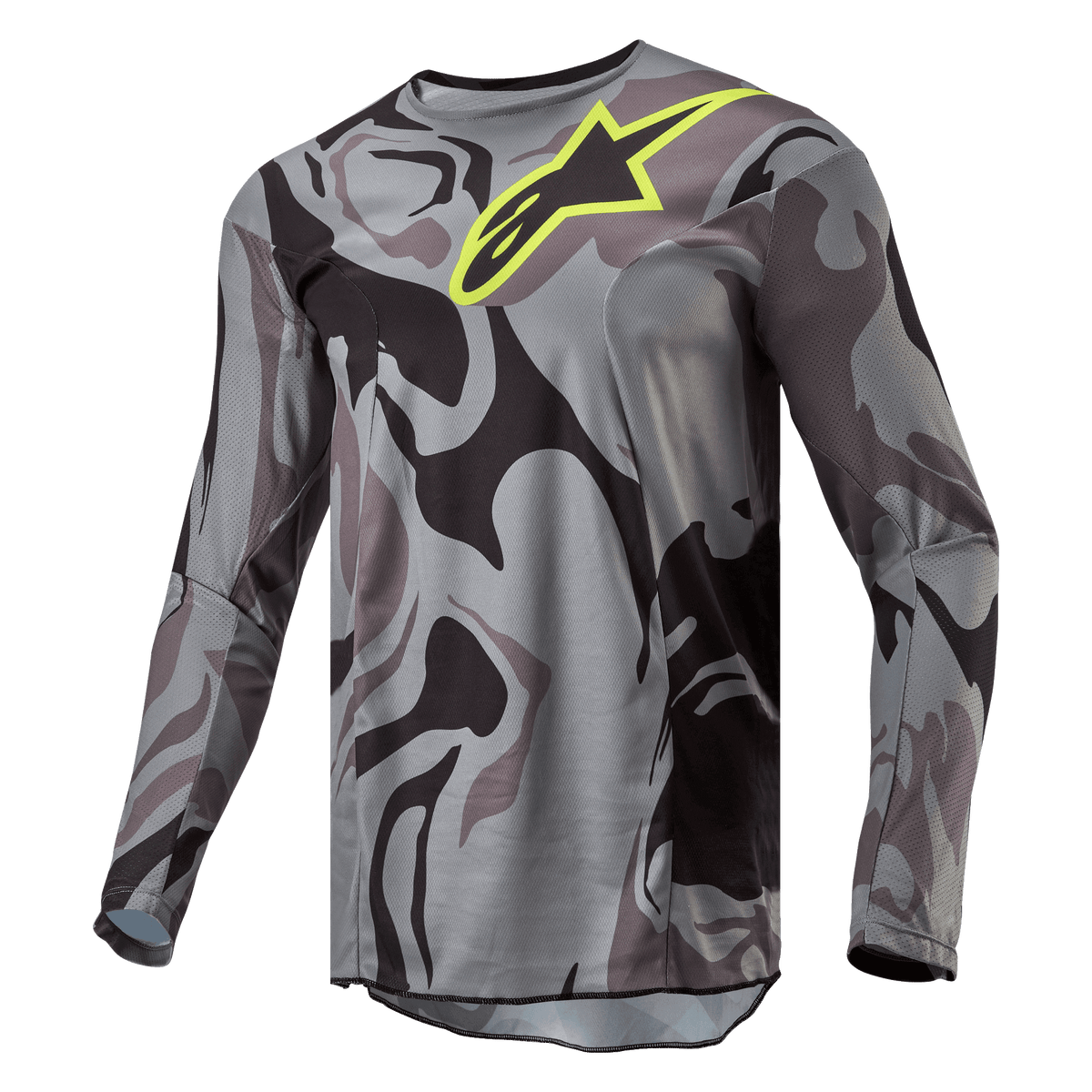 Alpinestars 2024 Racer Tactical Jersey, motocross-trøje, Cast Gray Camo Magnet, gråt og sort camouflage-mønster med et stærkt gult Alpinestars-logo på brystet, lange ærmer, performance køreudstyr til terrænkørsel