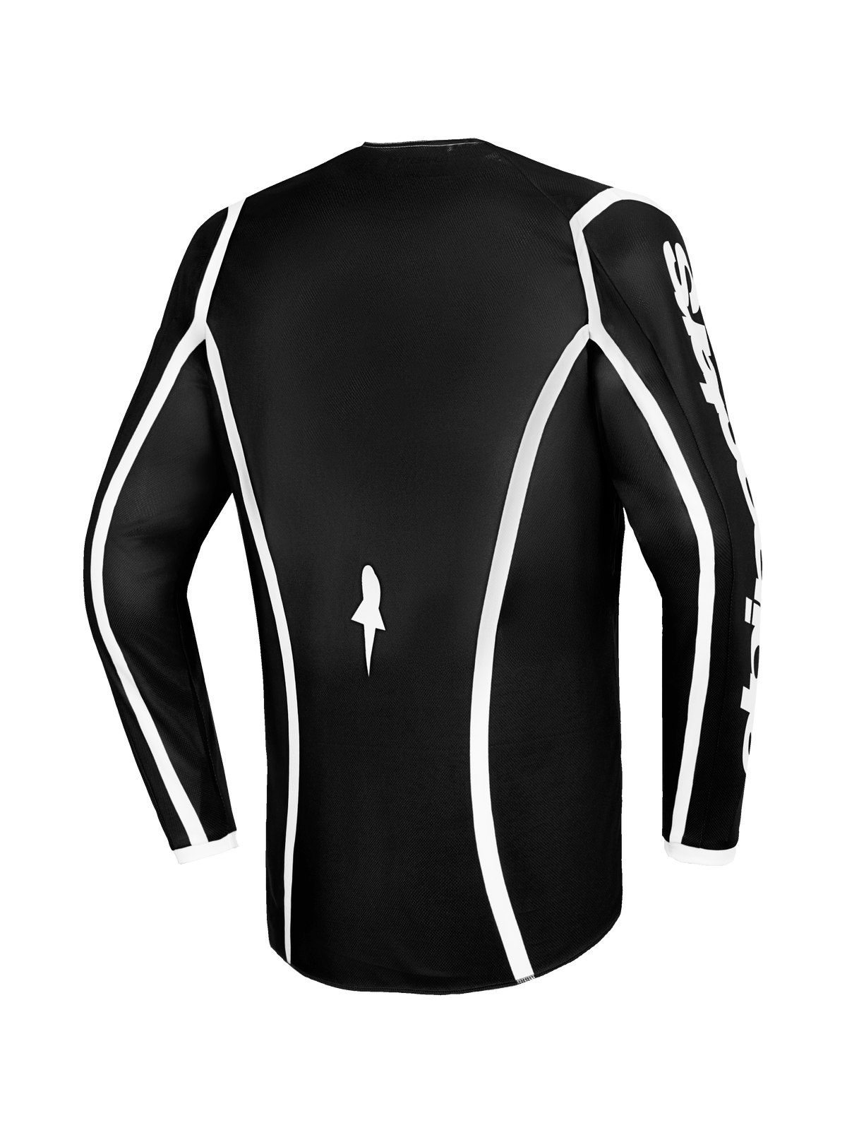 Alpinestars 2026 Fluid Apex trøje, motocross-trøje, sort med hvide buede linjer, set bagfra med ergonomisk snit og lille hvidt logo, langærmet performance-trøje til terrænkørsel