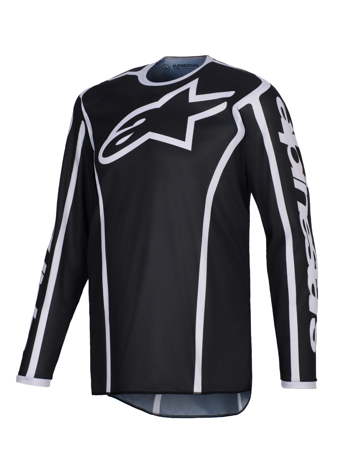 Alpinestars 2026 Fluid Apex trøje, motocross-trøje, sort med hvide detaljer, stort hvidt logo på brystet, hvide kanter langs sømmene, langærmet performance-polyfabric til off-road-kørsel