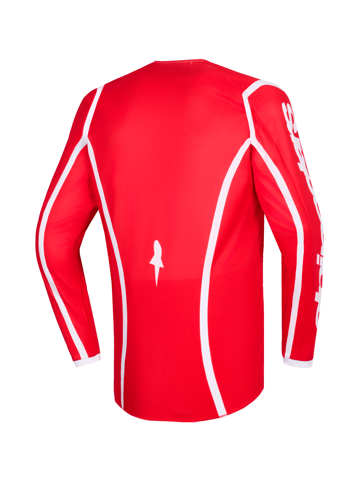 Alpinestars 2026 Fluid Apex trøje, rød og hvid, set bagfra, langærmet motocross-trøje med hvide buede accentlinjer, stjernelogo forneden og hvid Alpinestars-tekst på ærmerne, designet til terrænkørsel