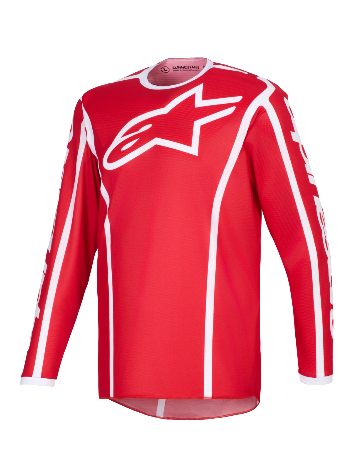 Alpinestars 2026 Fluid Apex trøje, motocross-trøje, rød og hvid, med et stort hvidt A-star logo på brystet, hvid sportskrave, lodrette linjer og forlænget rygstykke til off-road performance