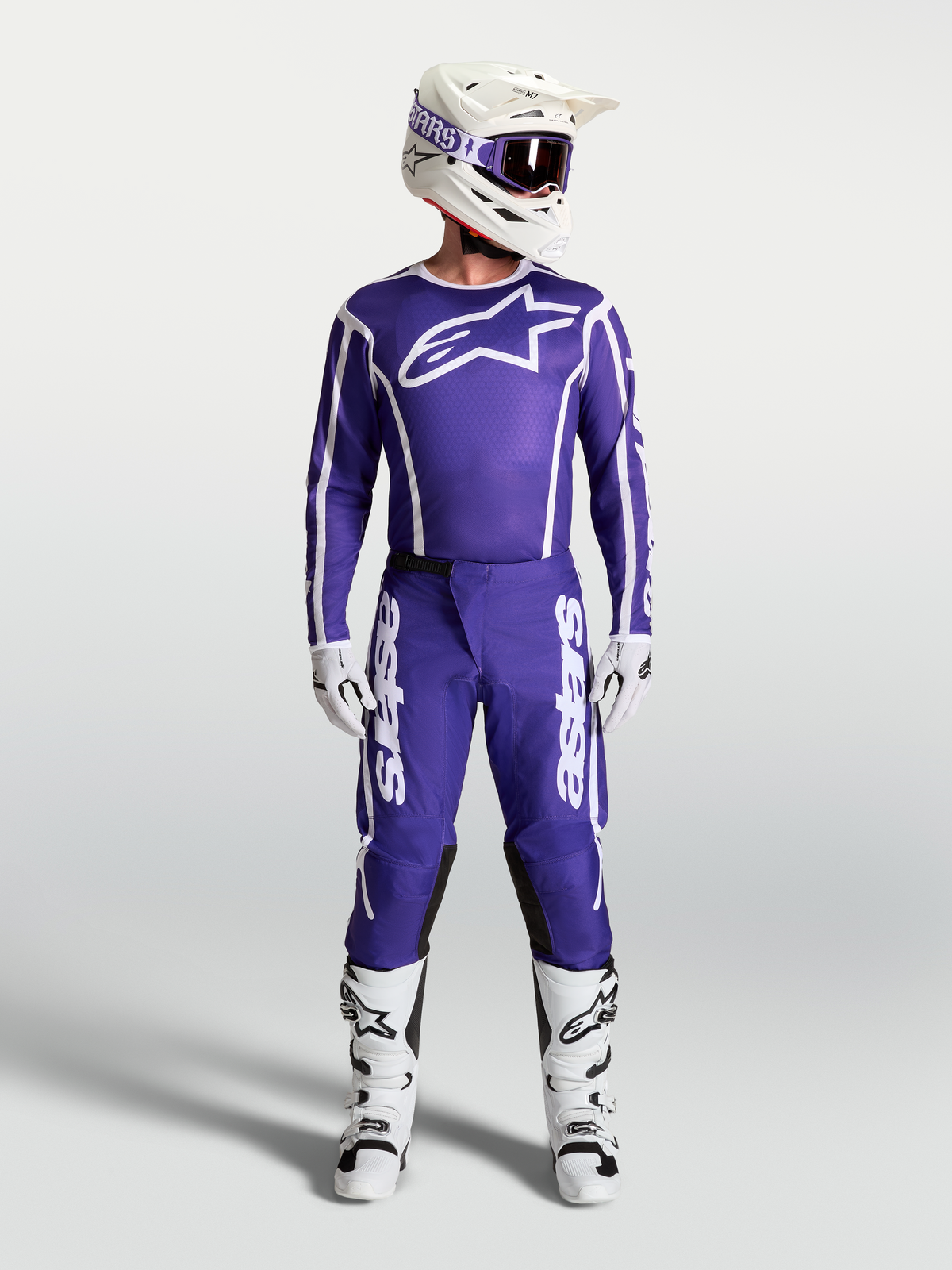 Alpinestars Fluid Apex V2 Jersey AND Gear Set, Deep Blue and White motocross apparel with helmet and boots.