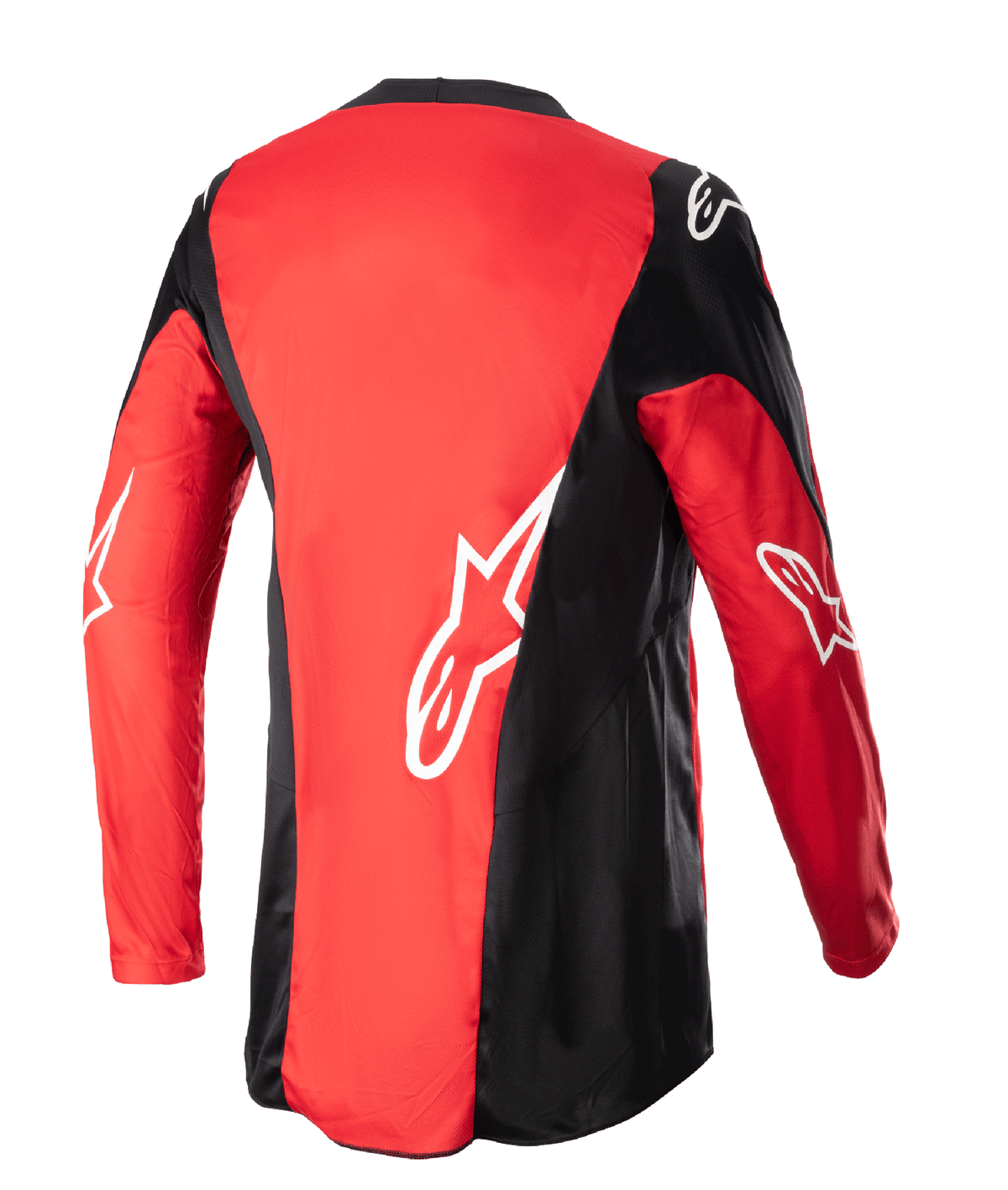 Alpinestars 2023 Racer Hoen Jersey, Motocross Jersey, Mars Red and Black, back view featuring white Alpinestars logos on sleeves and lower back, elongated rear hem for coverage, durable poly-fabric for off-road racing