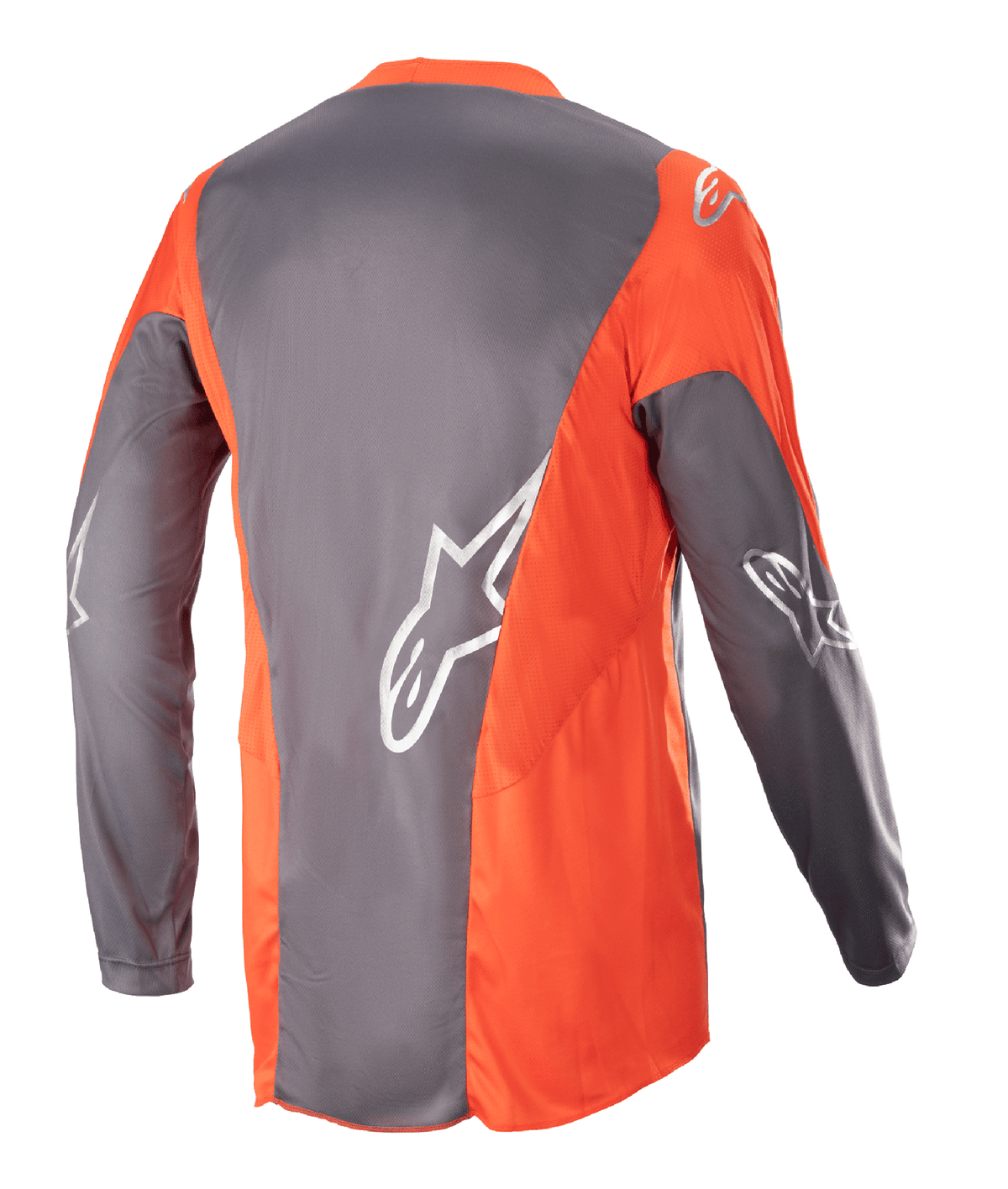 Alpinestars 2023 Racer Hoen Jersey, motocross-trøje, Magnet Hot Orange, set bagfra med grå og orange paneler og sølvfarvede Astars-logoer på ærmerne og ryggen, performance off-road-beklædning