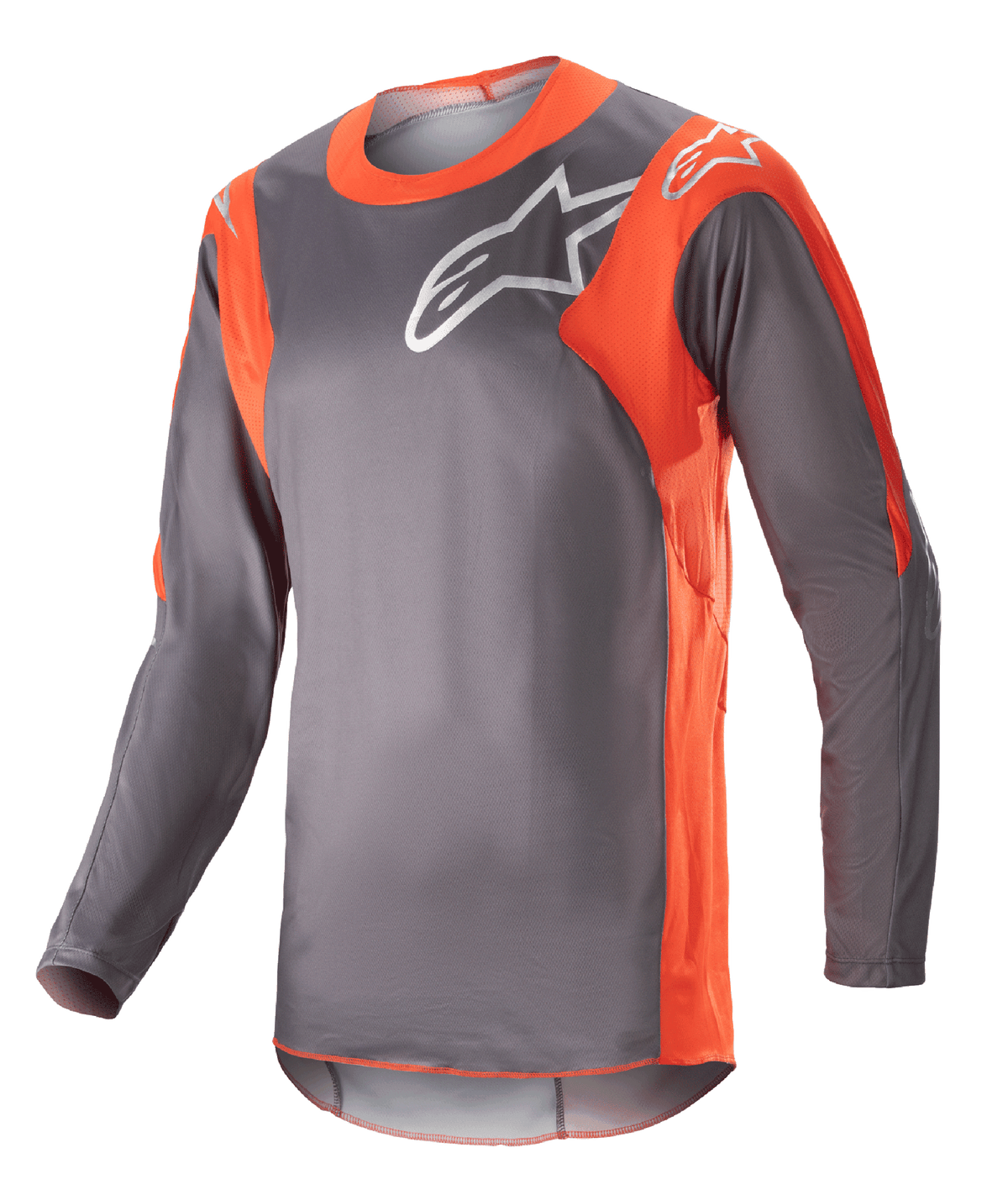 Alpinestars 2023 Racer Hoen Jersey, langærmet motocross-trøje, magnetgrå og hot orange, hvidt Alpinestars-logo på bryst og skuldre, letvægts performancemateriale til off-road racing