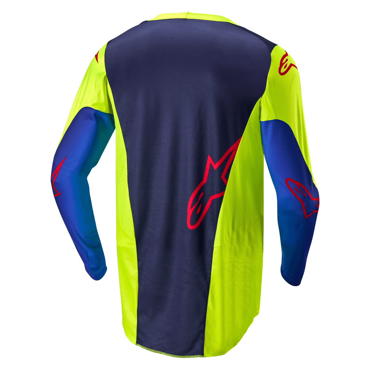 Alpinestars 2024 Racer Hoen jersey, motocross-trøje, gul fluo og Blue Night Navy, set bagfra viser mørkeblåt midterpanel med rødt logo, klare gule sidestykker, lange ærmer og åndbart mesh-stof designet til off-road præstation.
