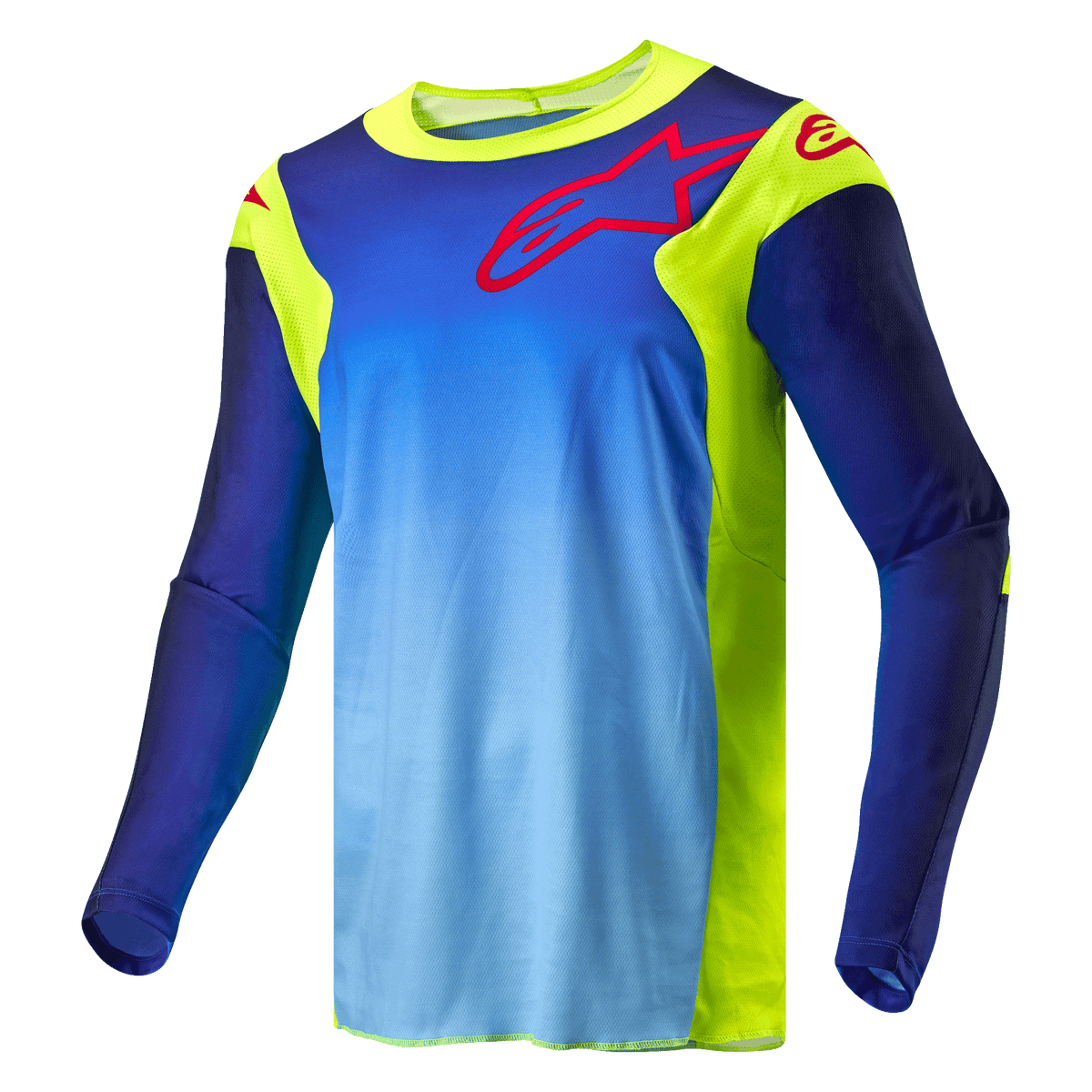 Alpinestars 2024 Racer Hoen trøje, motocross trøje, fluorescerende gul og mørkeblå, med blå gradient på overkroppen og fluorescerende gule paneler, rødt Alpinestars-logo på brystet og skuldrene, langærmet teknisk off-road udstyr.