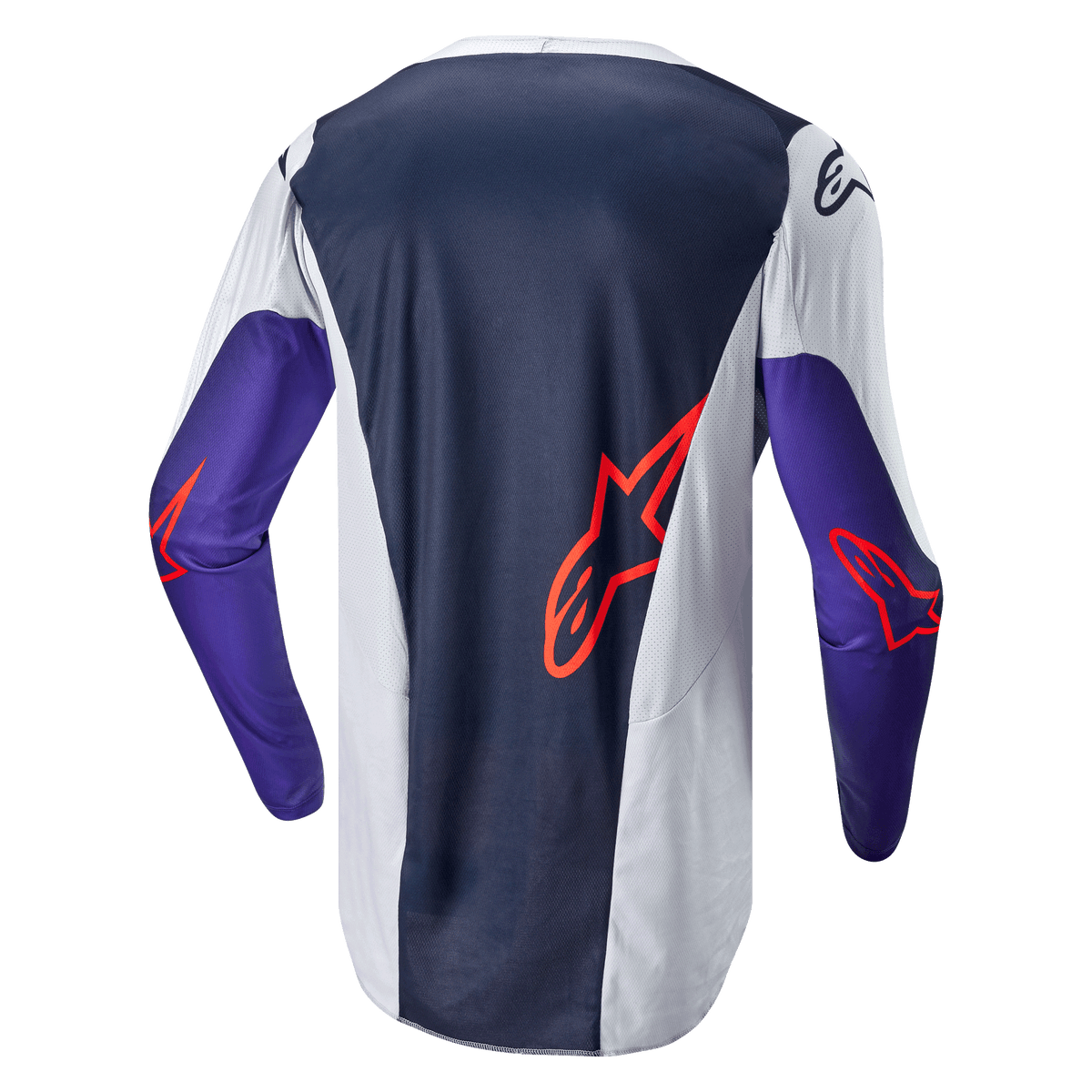 Alpinestars 2024 Racer Hoen trøje, motocross-trøje, set bagfra, marineblå og lysegrå med lilla ærmer, orange Alpinestars-logoer, teknisk mesh-stof til off-road kørsel