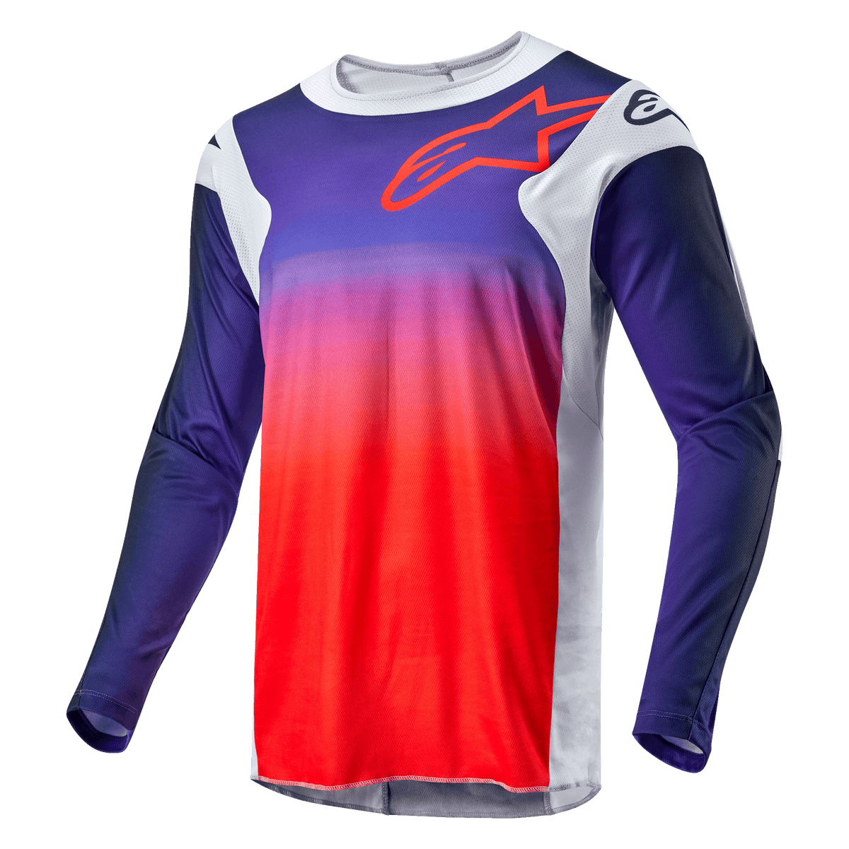 Alpinestars 2024 Racer Hoen Jersey, motocross-trøje, mørkeblå til orange gradient med lysegrå sidepaneler, rødt Alpinestars-logo-omrids på brystet, teknisk langærmet beklædning til off-road kørsel
